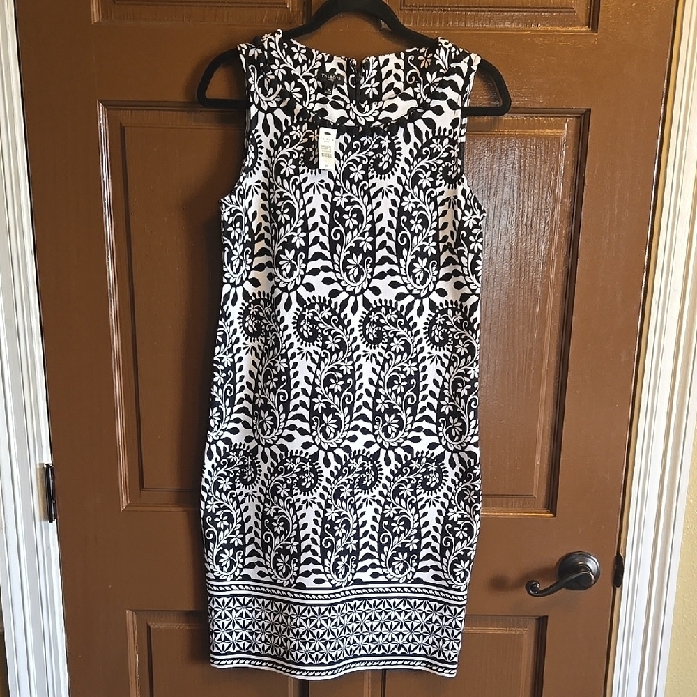 Talbots-Blk/white cotton print sleeveless dress with balls on neckline Sz SP NWT